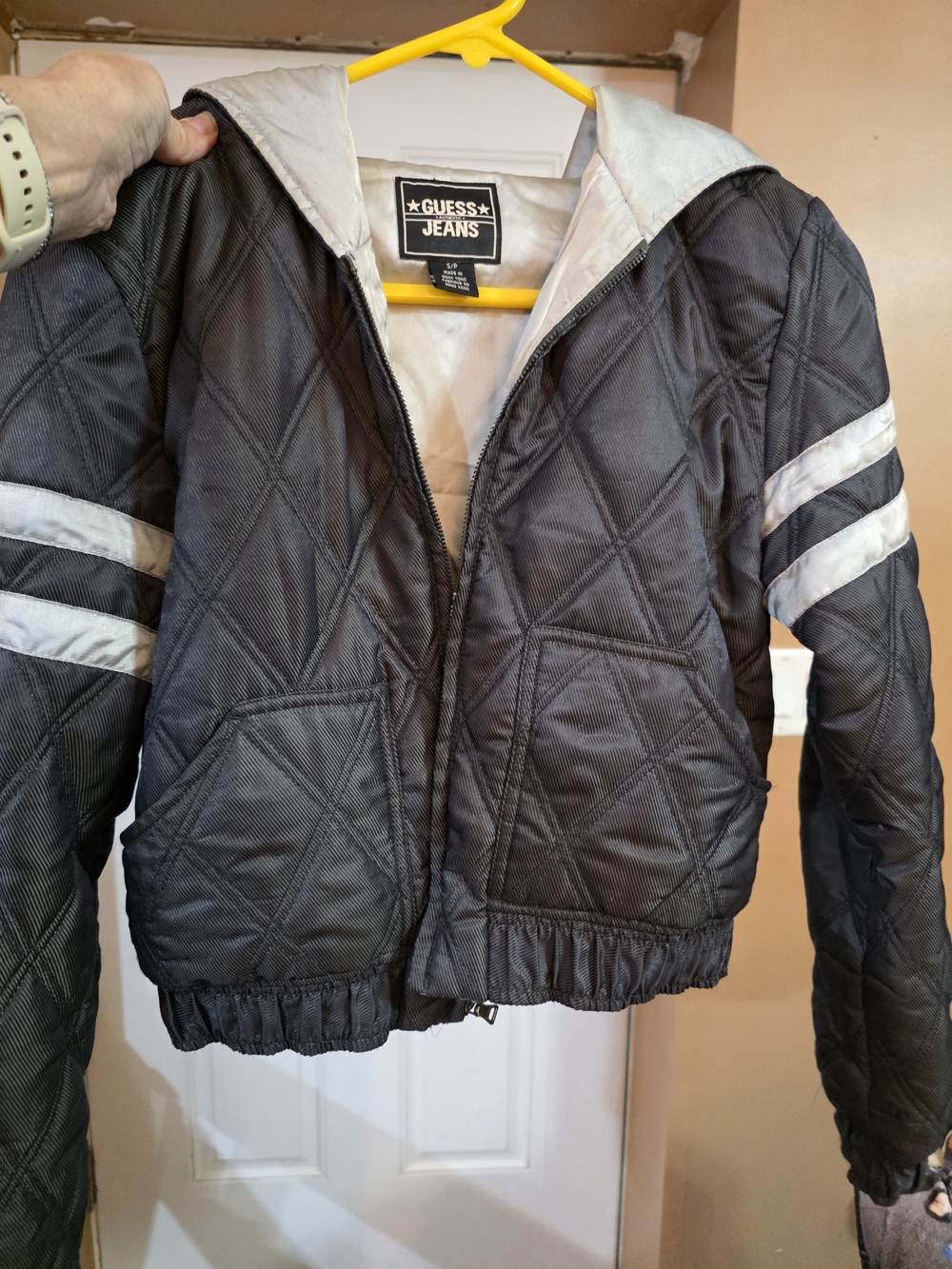 Guess Quilted Black Jacket with White Stripe Sleeves